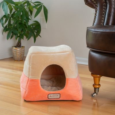 Image showing  2-In-1 Cave Shape and Cuddle Cat Bed, Orange/Beige