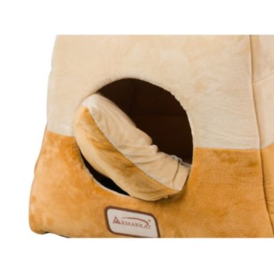 Image showing  2-In-1 Cave Shape and Cuddle Cat Bed, Brown/Beige