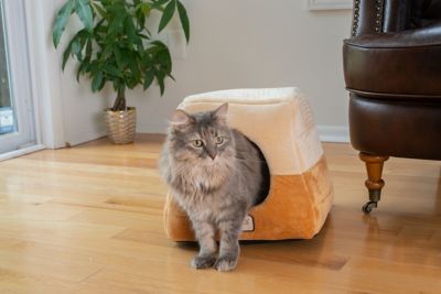 Image showing  2-In-1 Cave Shape and Cuddle Cat Bed, Brown/Beige