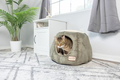 Image showing  Cave Shape Cat Bed with Anti-Slip Waterproof Base, Laurel Green/Beige