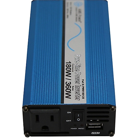 AIMS Power 180W Pure Sine Power Inverter, 12VDC to 120VAC, Includes Cables