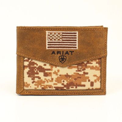 Ariat Men's Digital Camo Embroidered Flag Leather Bifold Passcase Wallet, Brown