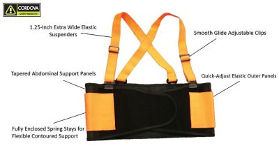 Cordova Safety Products High-Visibility Adjustable Back Support Belt with Attached Suspenders Orange Large