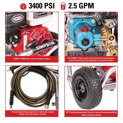 Image showing  3,400 PSI 2.5 GPM Gas Cold Water Aluminum Professional Pressure Washer, Honda GX200 Engine and CAT Triplex Plunger Pump