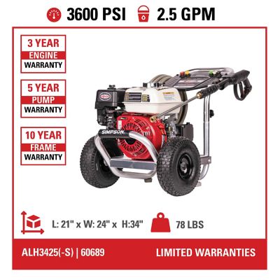 Image showing  3,600 PSI 2.5 GPM Gas Cold Water Aluminum Professional Pressure Washer, Honda GX200 Engine and Triplex Plunger Pump