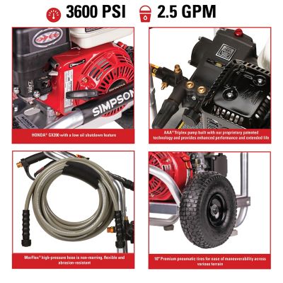 Image showing  3,600 PSI 2.5 GPM Gas Cold Water Aluminum Professional Pressure Washer, Honda GX200 Engine and Triplex Plunger Pump