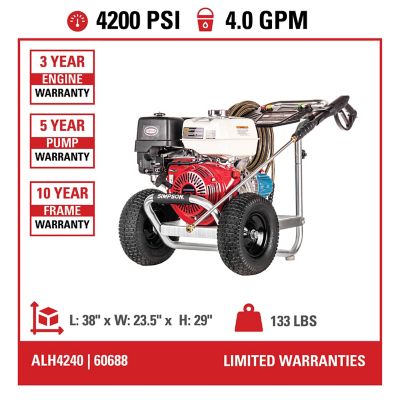 Image showing  4,200 PSI 4 GPM Gas Cold Water Aluminum Professional Pressure Washer, Honda GX390 Engine, 49-State