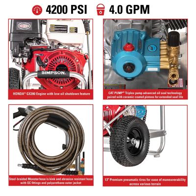 Image showing  4,200 PSI 4 GPM Gas Cold Water Aluminum Professional Pressure Washer, Honda GX390 Engine, 49-State