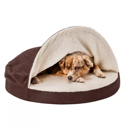 FurHaven Sherpa Hooded Burrow Snuggery Orthopedic Mattress Dog Bed 35 in. Covered Dog Beds