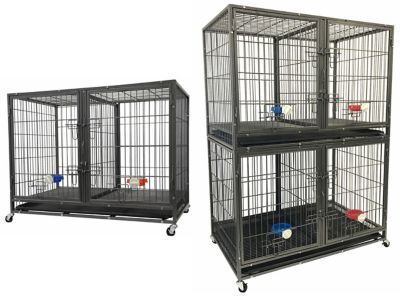 Go Pet Club Heavy-Duty 2-Door Metal Stackable Cat/Dog Crate with Divider and Water Bowls, 44.25 in.