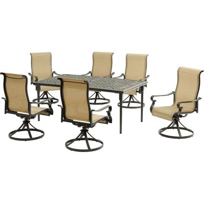 Hanover Brigantine 7 pc. Outdoor Patio Dining Set with 40 in. x 70 in. Cast Top Aluminum Table and 6 Sling Swivel Rockers
