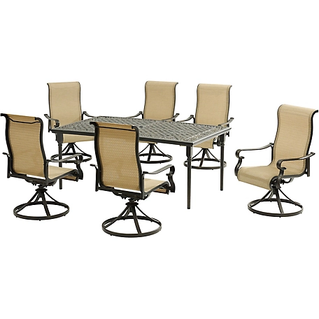 Hanover Brigantine 7-Piece Dining Set with an Expandable Cast-Top Dining Table and 6 Sling Swivel Rockers