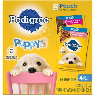 Pedigree Choice Cuts Puppy Chicken and Beef in Gravy Wet Dog Food, 3.5 oz. Can, Pack of 8 I was looking for the perfect dog food for my puppy because he barely started eating and I tried this and I was delighted that my puppy loved it