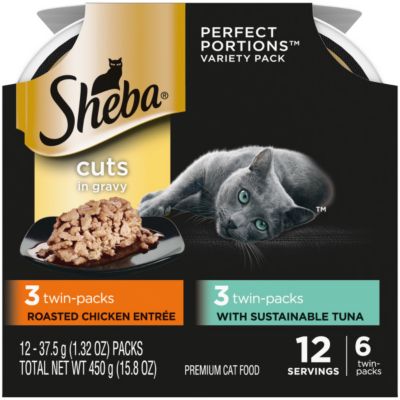 Sheba Wet Cat Food Cuts in Gravy Variety pk., Sustainable Tuna & Roasted Chicken 6 2.6oz PERFECT PORTIONS TwinPack Tray