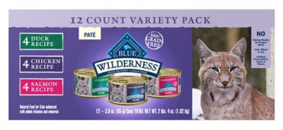 Blue Buffalo Wilderness Adult/Senior Grain-Free Chicken, Duck and Salmon Pate Wet Cat Food Variety Pack, 3 oz. Can, Pack of 12 I bought a variety pack of chicken, duck, and salmon because a very skinny and sick senior cat showed up at my door and this has gone a long way twords getting him back to normal