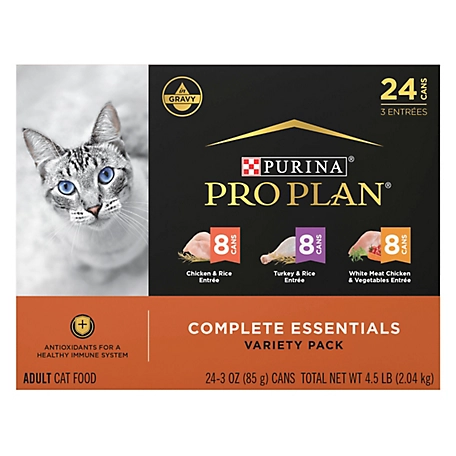 Purina Pro Plan Gravy, High Protein Wet Cat Food Variety pk., Complete Essentials Chicken and Turkey Favorites - (24) 3 oz. Cans