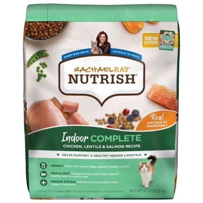 Rachael Ray Nutrish All Life Stages Indoor Complete Chicken, Lentils and Salmon Recipe Dry Cat Food This food has great protein less filler