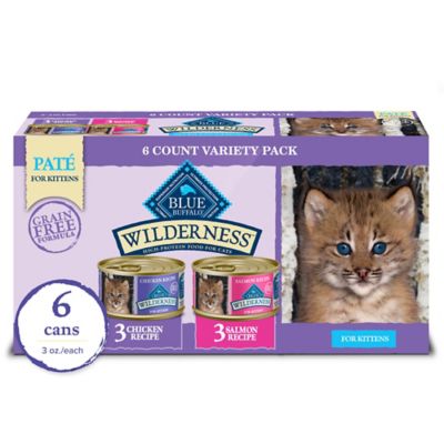 Blue Buffalo Wilderness Kitten Grain-Free Chicken and Salmon Pate Wet Cat Food Variety Pack, 3 oz. Can, Pack of 6 This is excellent kitten food — we used it to raise two kittens