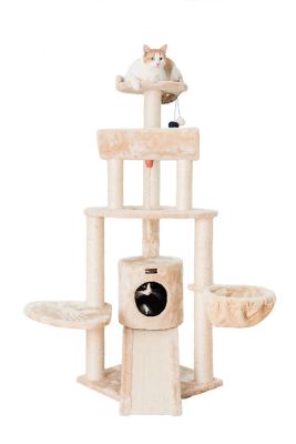 Armarkat 59 in. Spacious Thick Fur Cat Tower with Basket Lounge with Ramp, Beige