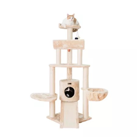 Armarkat 59" Spacious Thick Fur Cat Tower with Lounge Basket and Ramp Beige Cat Trees & Condos