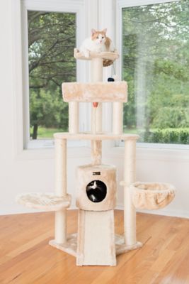 Image showing  59 in. Spacious Thick Fur Cat Tower with Basket Lounge with Ramp, Beige
