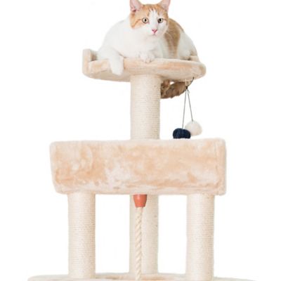 Image showing  59 in. Spacious Thick Fur Cat Tower with Basket Lounge with Ramp, Beige
