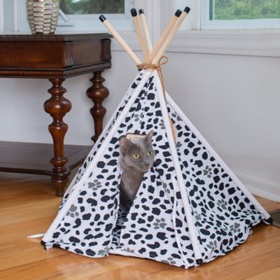 Image showing  Cat Tent Cave Teepee Shaped Cat Bed For Kitten, White/Black Paw Print