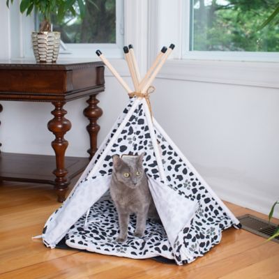 Image showing  Cat Tent Cave Teepee Shaped Cat Bed For Kitten, White/Black Paw Print