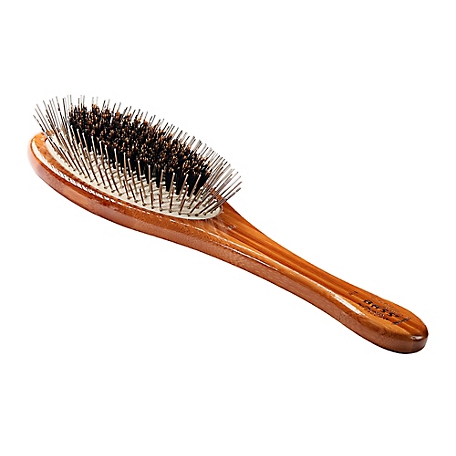 Bass Shine & Condition Natural Bristle/Alloy Pin Pet Grooming Brush with Pure Bamboo Handle, Large Oval, Solid Dark Finish