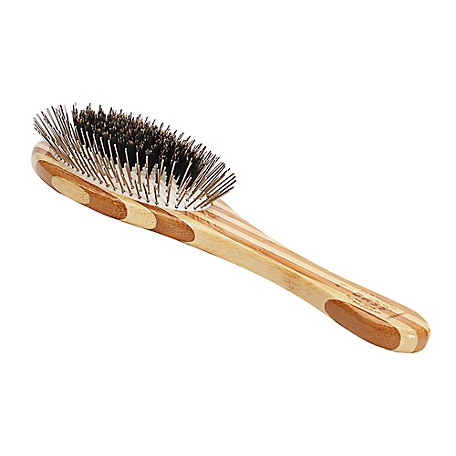 Bass Shine and Condition Natural Bristle/Alloy Pin Pet Grooming Brush with Pure Bamboo Handle, Large Oval, Striped Finish