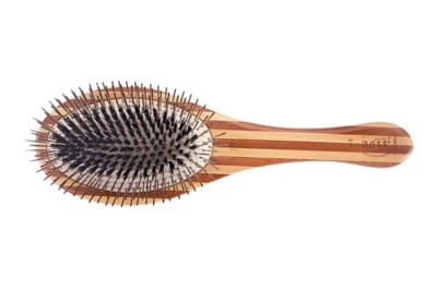 Image showing  Shine and Condition Natural Bristle/Alloy Pin Pet Grooming Brush with Pure Bamboo Handle, Large Oval, Striped Finish
