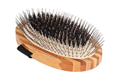 Bass Shine & Condition Natural Bristle/Alloy Pin Pet Grooming Brush with Pure Bamboo Handle, Palm Style, Striped Finish