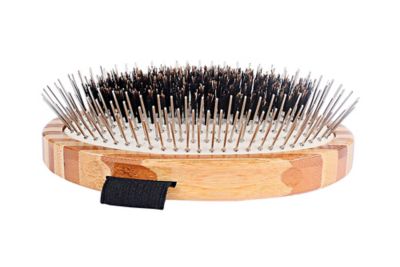 Image showing  Shine and Condition Natural Bristle/Alloy Pin Pet Grooming Brush with Pure Bamboo Handle, Palm Style, Striped Finish