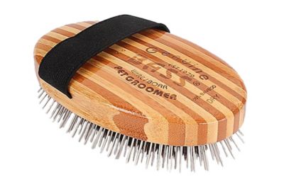 Image showing  Shine and Condition Natural Bristle/Alloy Pin Pet Grooming Brush with Pure Bamboo Handle, Palm Style, Striped Finish