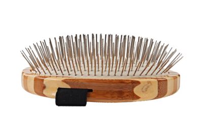 Image showing  Style & Detangle 100% Premium Alloy Pin Pet Grooming Brush with Pure Bamboo Handle, Palm Style, Striped Finish