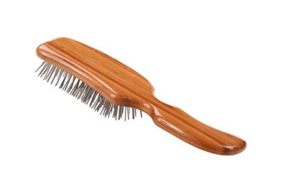 Image showing  Style & Detangle 100% Premium Alloy Pin Pet Grooming Brush with Pure Bamboo Handle, Semi S-Style, Oak Wood Finish