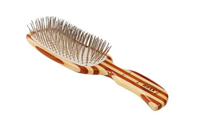 Bass Style & Detangle 100% Premium Alloy Pin Pet Grooming Brush with Pure Bamboo Handle, Semi S-Style, Striped Finish