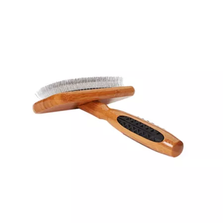 Pet Detangling Brush 100% Premium Alloy Pin Soft Pure Bamboo Handle Medium Smooth Style Oak Wood Finish A23 - DB Pet Brushes & Combs