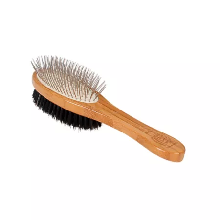 Double Sided Pet Brush 100% Premium Natural Bristles Alloy Pin Pure Bamboo Handle Oak Wood Finish A22 – DB Pet Brushes & Combs