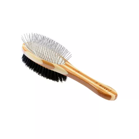 Double Sided Pet Brush 100% Premium Natural Bristle Alloy Pin Pure Bamboo Handle Striped Finish A22 – SB Pet Brushes & Combs