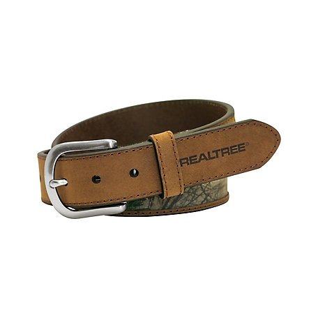 Realtree Men's 38 mm Crazy Horse Genuine Leather Belt with Contrast Stitching, Conch and Embossed Logo Tip End