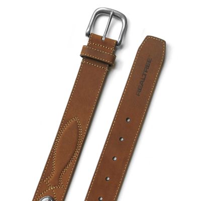 Realtree Men's Crazy Horse Genuine Leather Belt with Contrast Stitching, Conch and Embossed Logo Tip End, 38 mm