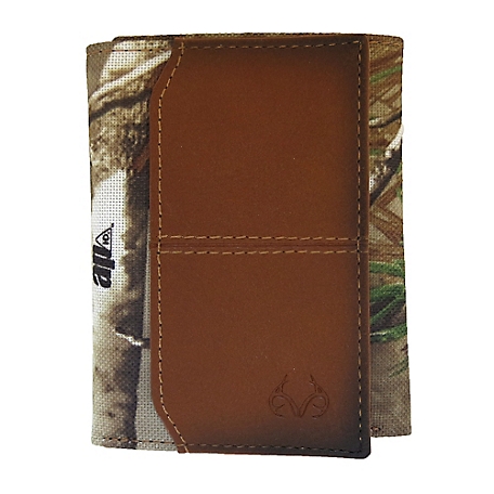 Realtree AP Camouflage and Embossed Antler Logo Burnished Trifold Wallet, Tan