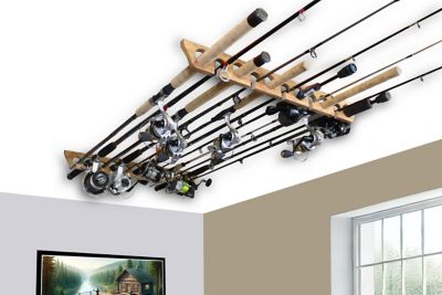 Rush Creek Creations 2-in-1 11-Rod Wall/Ceiling Fishing Rod Storage Rack, American Cherry