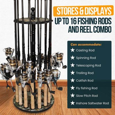 Image showing  16-Rod Round Wood Post Floor Fishing Rod Storage Rack, Camo