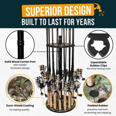 Image showing  16-Rod Round Wood Post Floor Fishing Rod Storage Rack, Camo