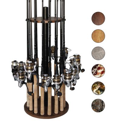 Rush Creek Creations 16-Rod Round Steel Post Fishing Rod Storage Rack, Walnut