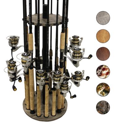 Rush Creek Creations 16-Rod Round Steel Post Fishing Rod Storage Rack, Barn Wood