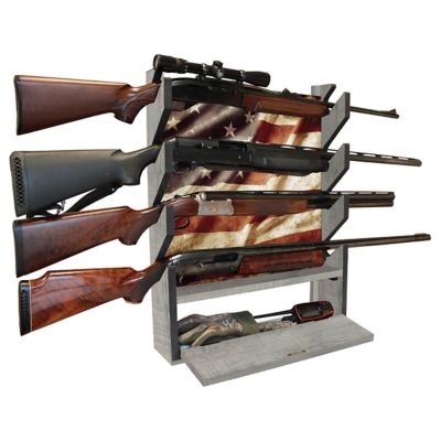 Rush Creek Creations 4-Gun Americana Long Gun Wall Display Rack with Storage Compartment, American Flag
