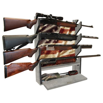 Rush Creek Creations 4 Gun Americana Long Gun Wall Display Rack with Storage Compartment, American Flag